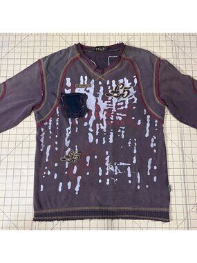 Kaptan XL Purple Long Sleeve Distressed Graphic Shirt W/ Red 48 Patch & Stitchin